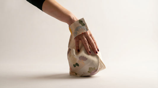 Japanese Ceremonial Silk Knot Bag – The Hana no Tegami, Kiku and Peonies in Cream and Marigold