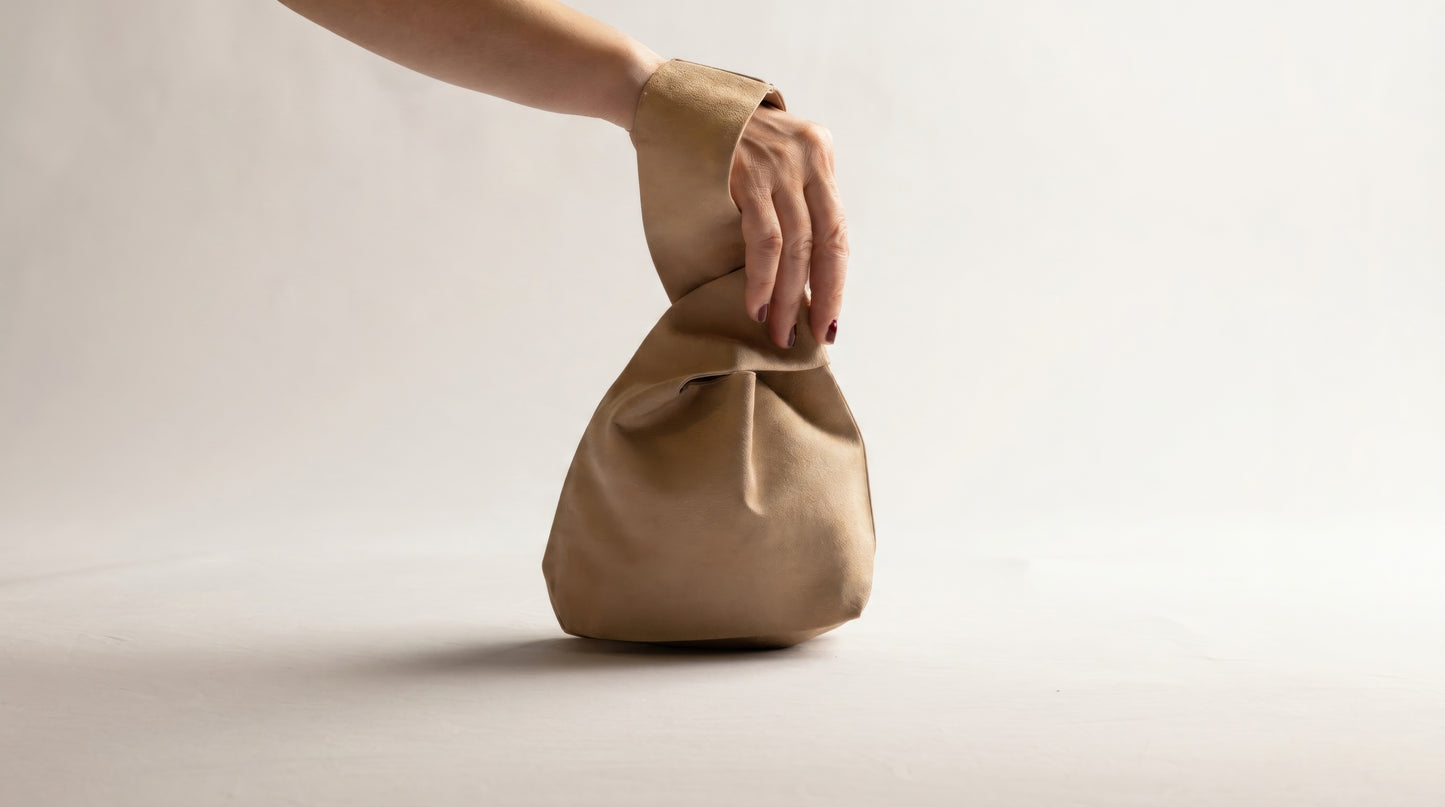 Japanese Ceremonial Silk Knot Bag – The Sude no Iro, Plain Tonal Silk in Biscuit Tan