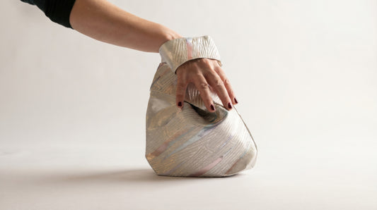 Japanese Ceremonial Silk Knot Bag – The Kogane no Obi, Striated Gold Bands in Champagne and Pastel