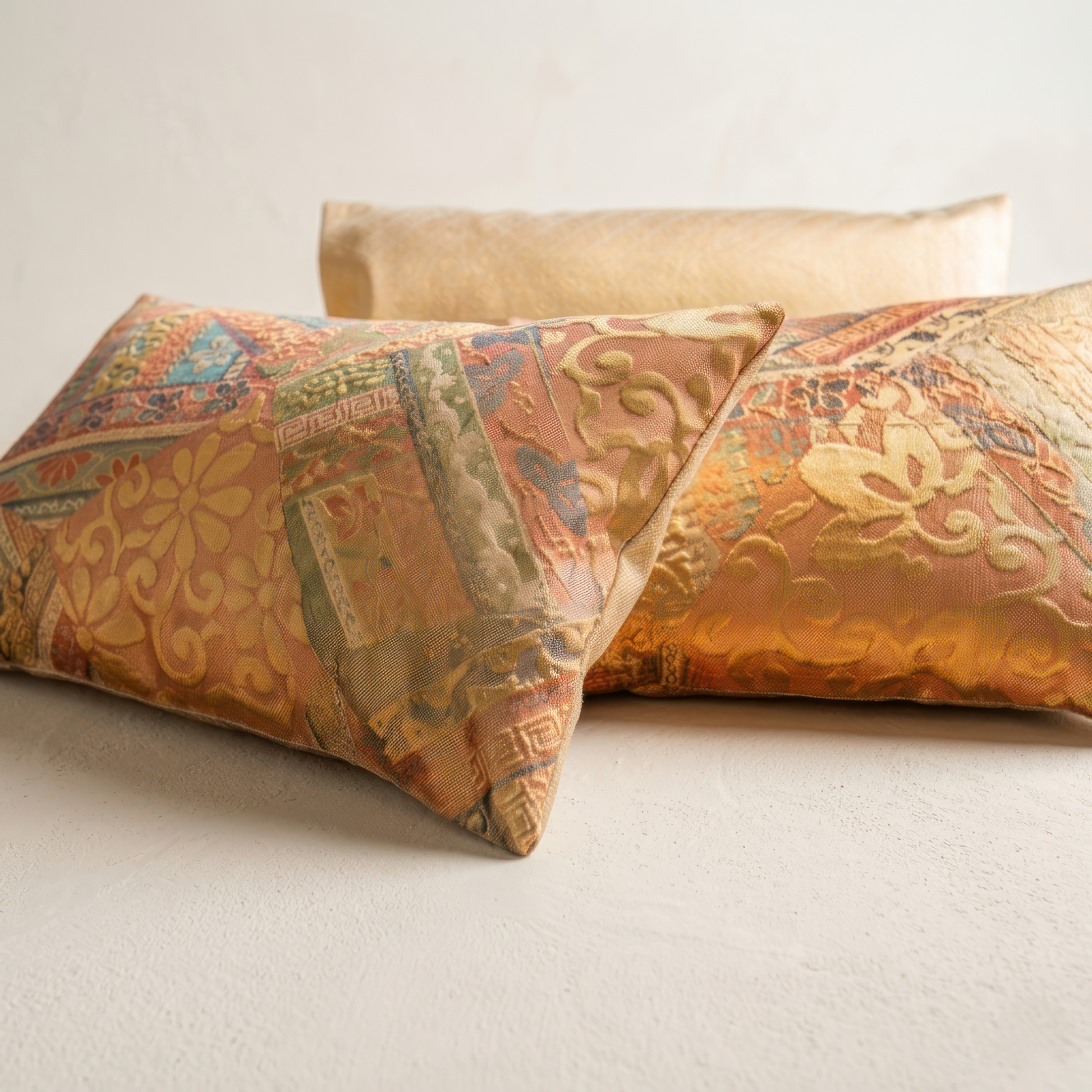 Japanese ceremonial silk lumbar pillow with yūsoku court pattern in coral and gold — Renaras atelier