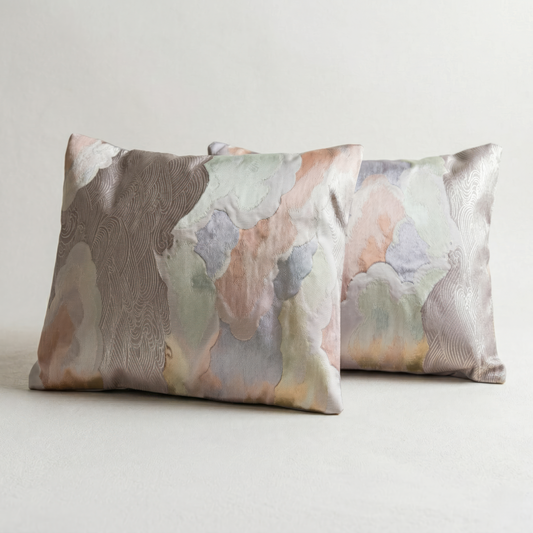 Japanese ceremonial silk lumbar pillow with kumo no niwa cloud garden motif in coral and gold — Renaras atelier