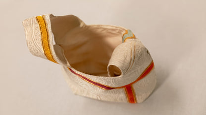 Japanese Ceremonial Silk Knot Bag – The Yamamichi, Chevron and Kikkō Damask in Ivory and Scarlet
