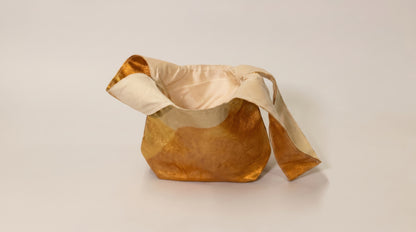Japanese Ceremonial Silk Knot Bag – The Yamane no Hi, Geometric Patchwork in Mustard and Rust