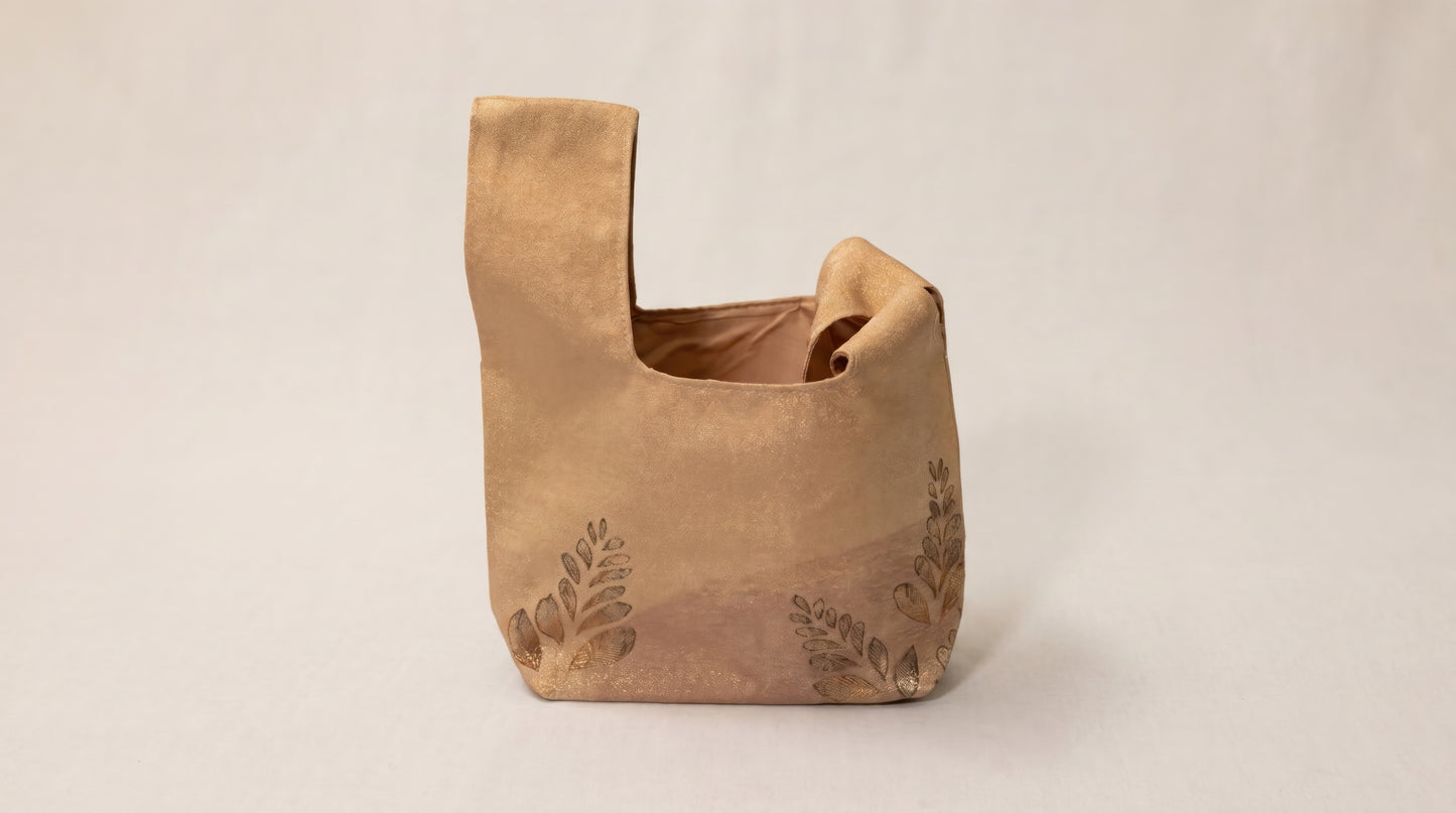 Japanese Ceremonial Silk Knot Bag – The Aki no Eda, Leaf Sprigs in Camel and Russet