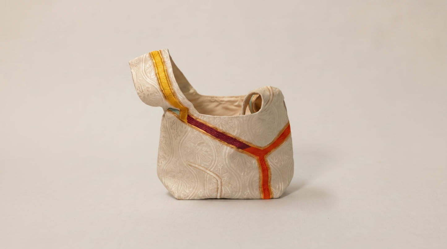 Japanese Ceremonial Silk Knot Bag – The Yamamichi, Chevron and Kikkō Damask in Ivory and Scarlet