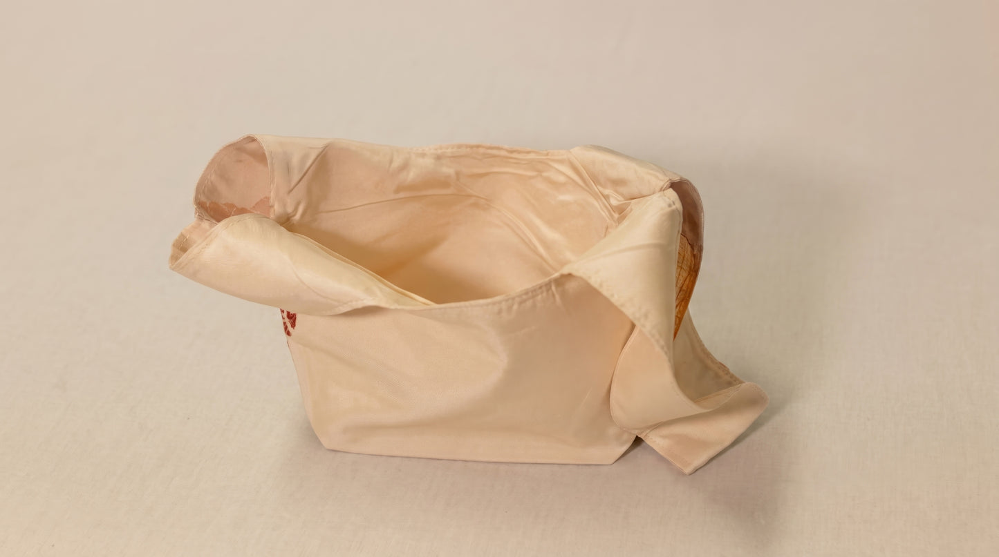 Japanese Ceremonial Silk Knot Bag – The Hana no Tegami, Kiku and Peonies in Cream and Marigold