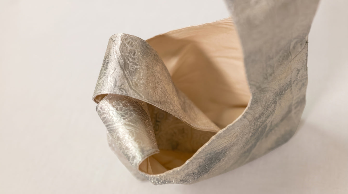 Japanese Ceremonial Silk Knot Bag – The Gin no Ame, Silver Karakusa Damask in Platinum Silver