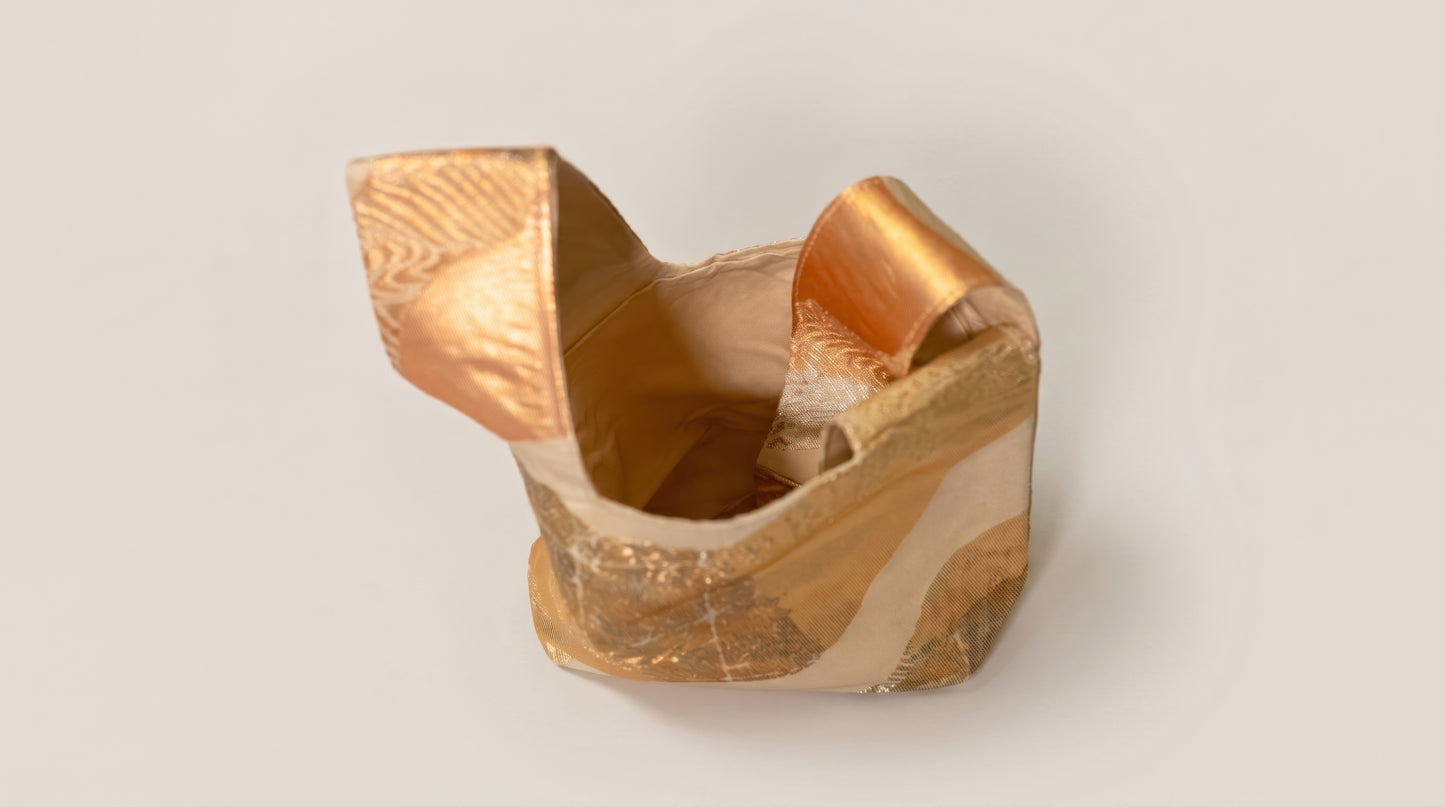 Japanese Ceremonial Silk Knot Bag – The Tsugihagi no Hikari, Patchwork Weaves in Champagne Gold