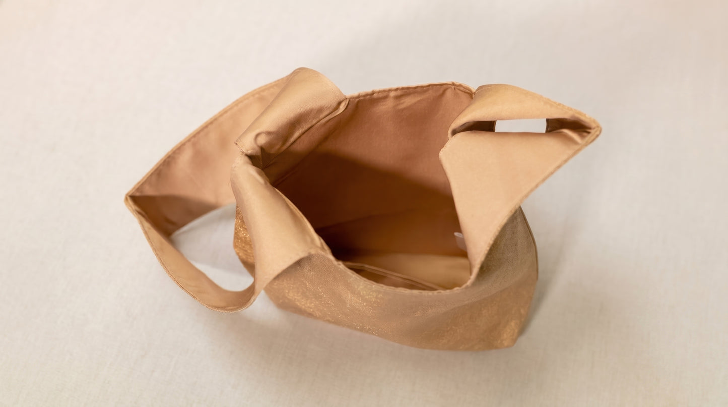 Japanese Ceremonial Silk Knot Bag – The Sude no Iro, Plain Tonal Silk in Biscuit Tan