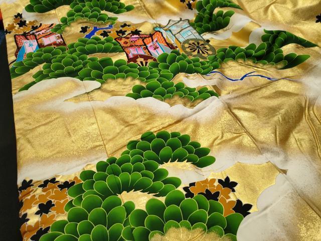 Japanese ceremonial silk Uchikake with hand-painted pine on gold lacquer — Renaras atelier