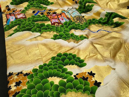 Japanese ceremonial silk Uchikake with hand-painted pine on gold lacquer — Renaras atelier