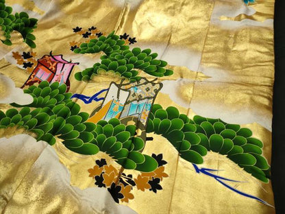 Japanese ceremonial silk Uchikake with hand-painted pine on gold lacquer — Renaras atelier