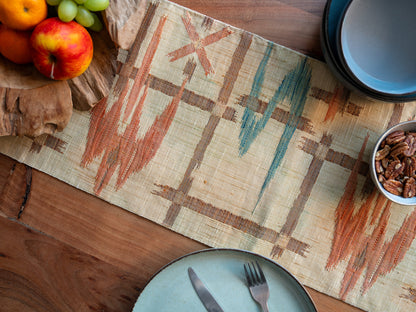 Japanese ceremonial linen table runner with kasuri-ikat grid in kinari and ochre — Renaras atelier