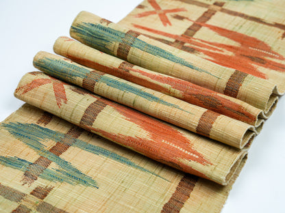 Japanese ceremonial linen table runner with kasuri-ikat grid in kinari and ochre — Renaras atelier