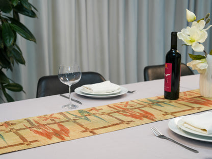 Japanese ceremonial linen table runner with kasuri-ikat grid in kinari and ochre — Renaras atelier