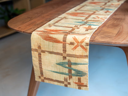 Japanese ceremonial linen table runner with kasuri-ikat grid in kinari and ochre — Renaras atelier