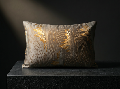Japanese ceremonial silk lumbar pillow with matsukaze pine motif in pewter and gold — Renaras atelier