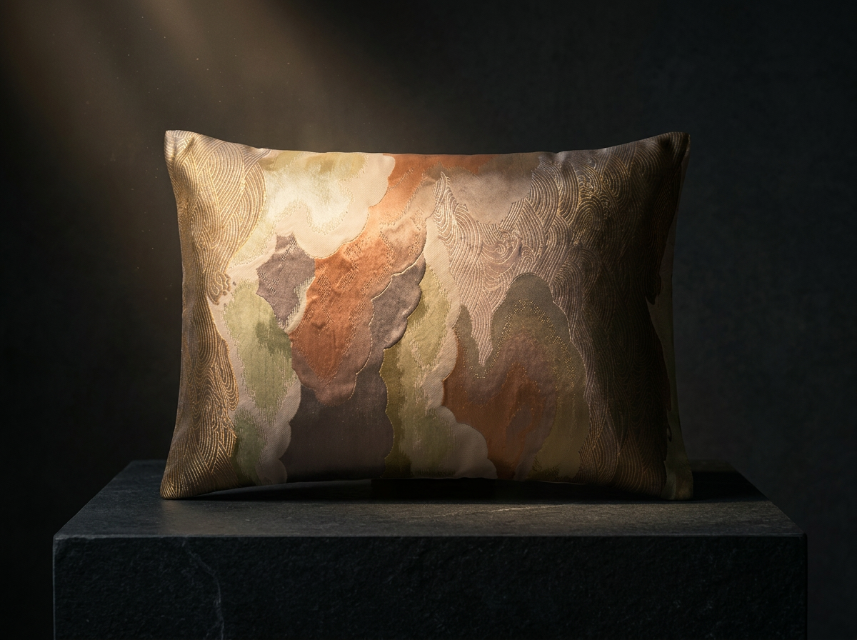 Japanese ceremonial silk lumbar pillow with kumo no niwa cloud garden motif in coral and gold — Renaras atelier