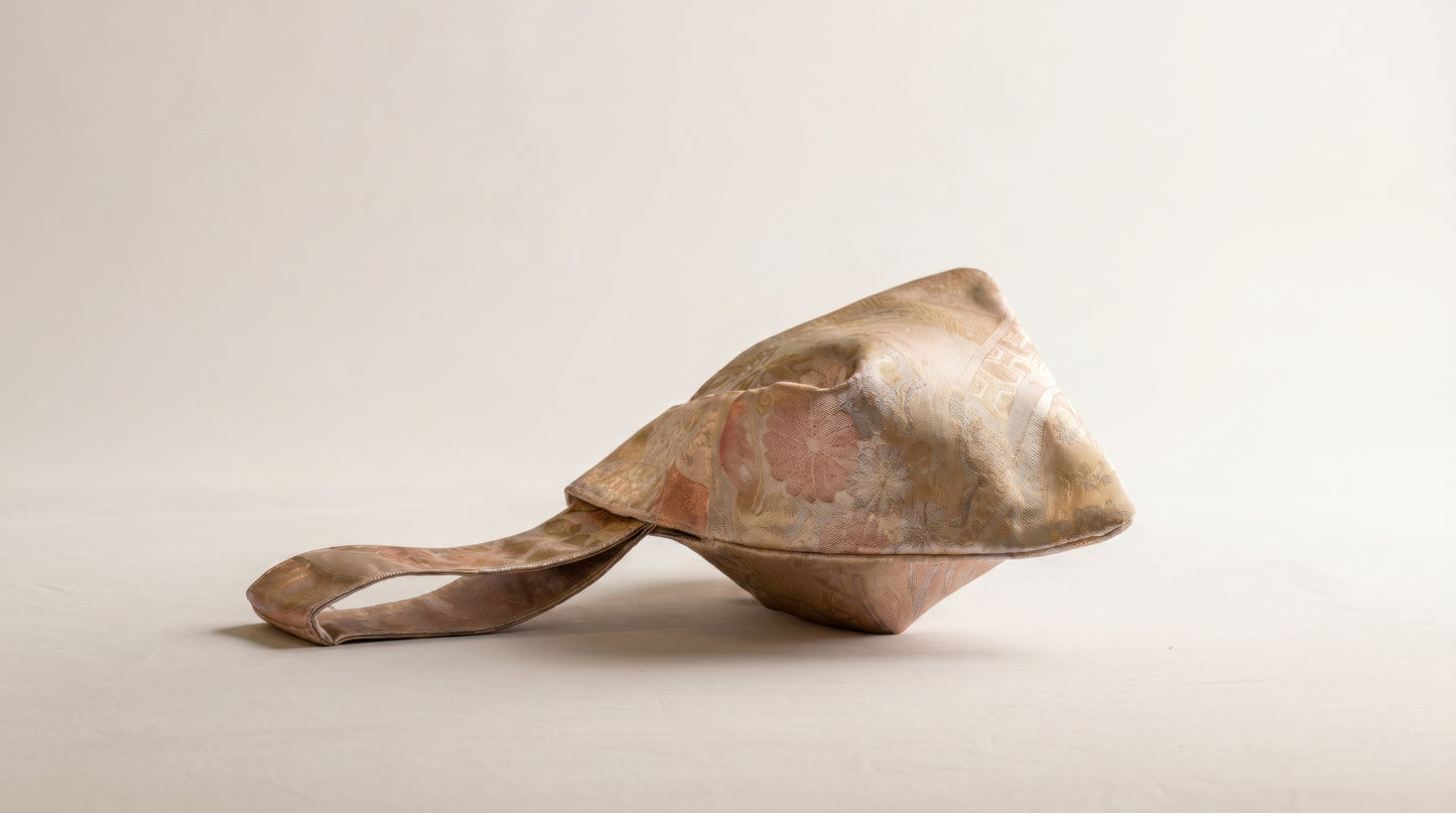 Japanese Ceremonial Silk Knot Bag – The Ōgi to Hana, Patchwork of Classical Motifs in Cream and Dusty Pastels