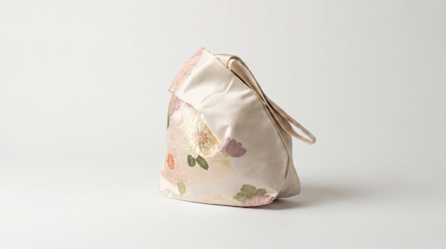 Japanese Ceremonial Silk Knot Bag – The Hana no Tegami, Kiku and Peonies in Cream and Marigold