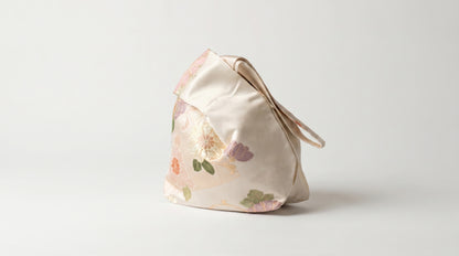 Japanese Ceremonial Silk Knot Bag – The Hana no Tegami, Kiku and Peonies in Cream and Marigold