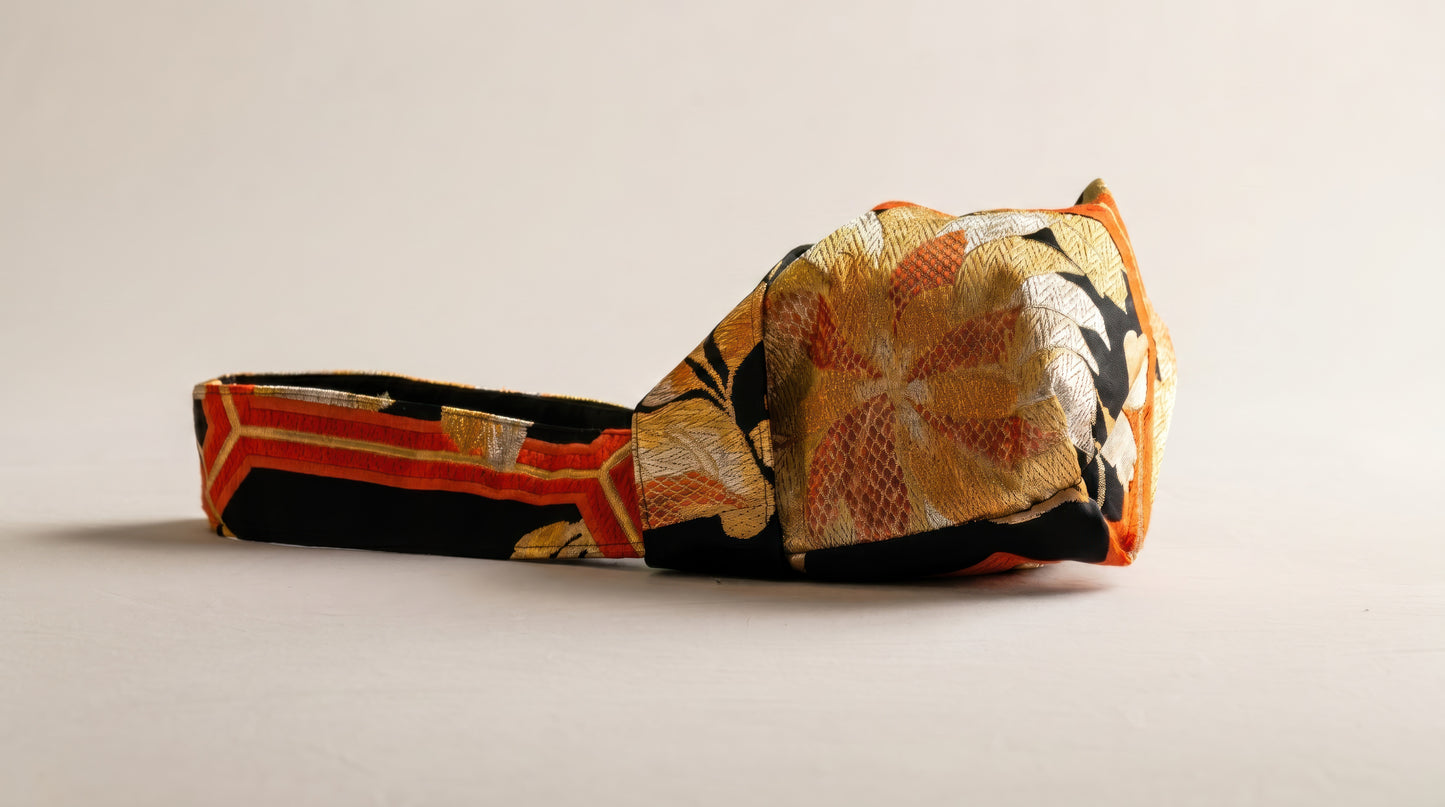 Japanese Ceremonial Silk Knot Bag – The Kikkō no Hana, Kiku and Kikkō Lattice in Black and Vermillion