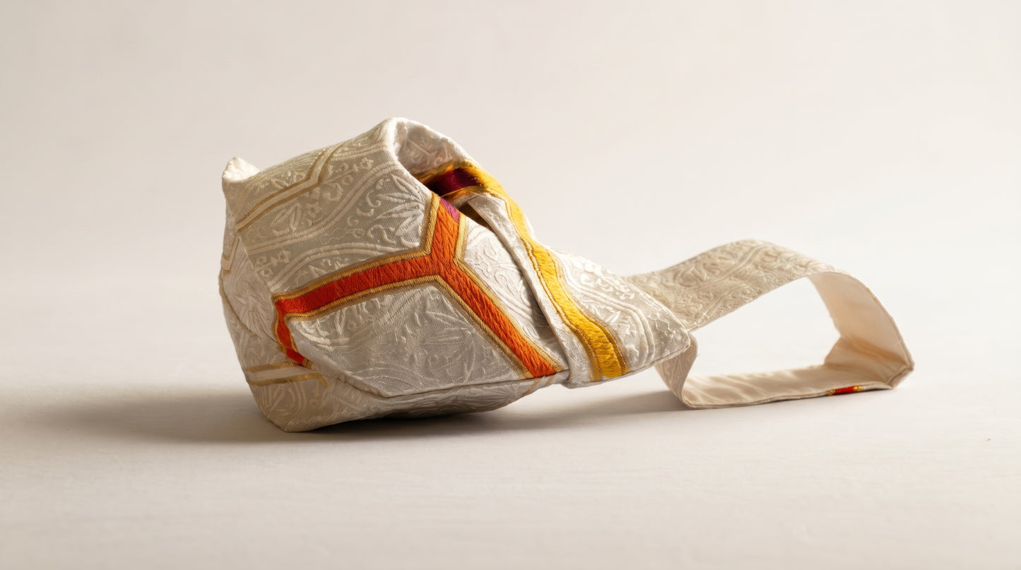 Japanese Ceremonial Silk Knot Bag – The Yamamichi, Chevron and Kikkō Damask in Ivory and Scarlet