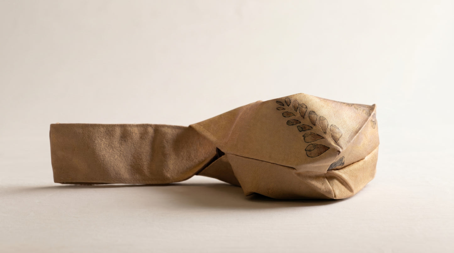 Japanese Ceremonial Silk Knot Bag – The Aki no Eda, Leaf Sprigs in Camel and Russet