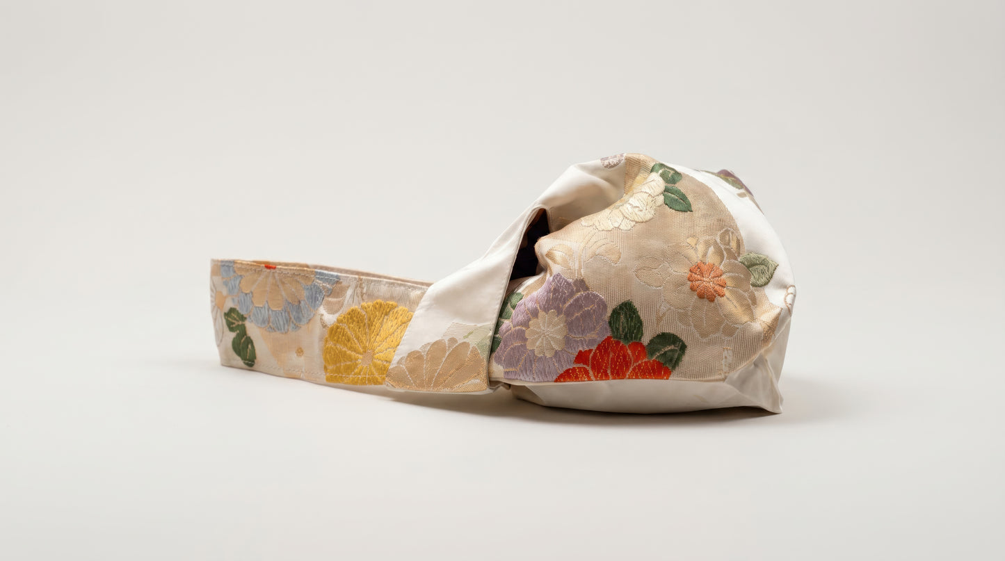 Japanese Ceremonial Silk Knot Bag – The Hana no Tegami, Kiku and Peonies in Cream and Marigold