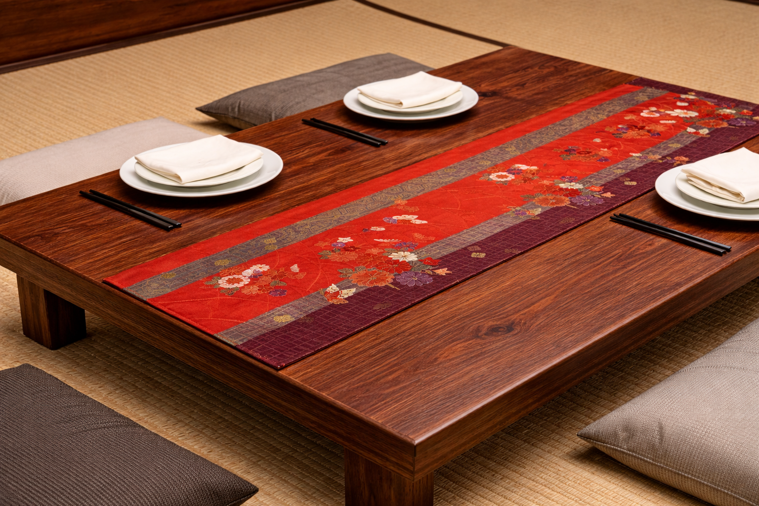 Japanese ceremonial silk table runner with kiku-chō chrysanthemum and butterfly in terracotta and gold — Renaras atelier